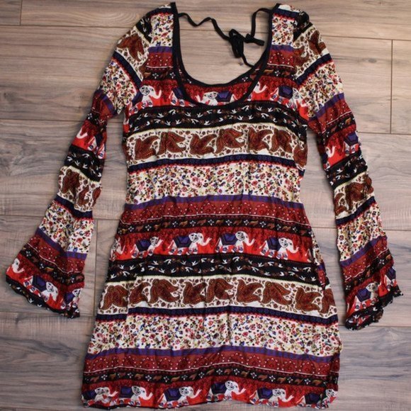 Abercrombie & Fitch Boho Red Elephant Long Sleeve Dress S - Picture 4 of 12